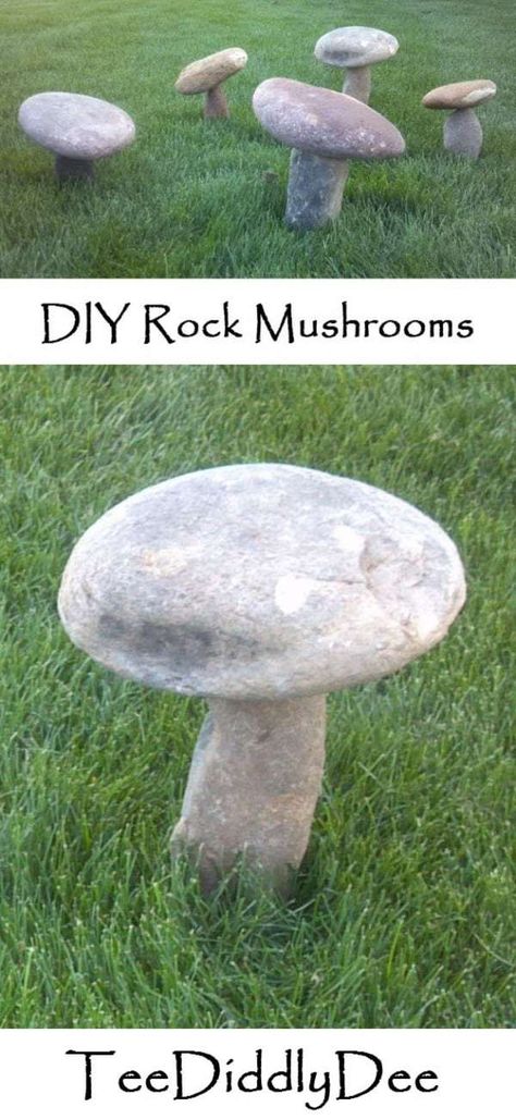 DIY Rock Mushrooms For The Garden - TeeDiddlyDee Rock Mushrooms, Fairy Garden Landscape, How To Make Rocks, Decoration Beton, Garden Rock Art, Lawn Decorations, Garden Mushrooms, Garden Flower Beds, Rock Garden Design