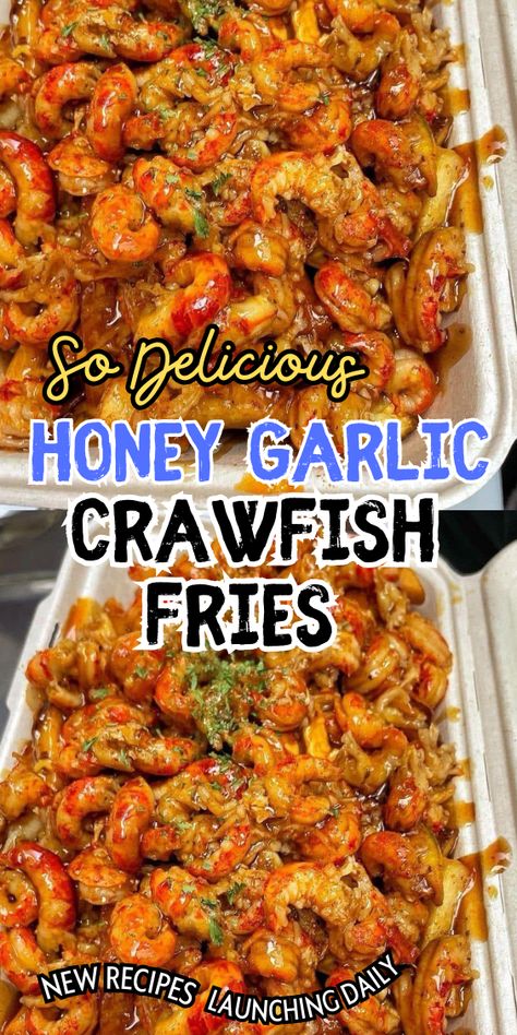 Honey Garlic Crawfish Fries Crawfish Fries Recipe, Honey Garlic Crawfish Fries, Crawfish Fries, Fancy Party Appetizers, Crawfish Recipes, Honey And Soy Sauce, Fries Recipe, Party Appetizer, Honey Garlic