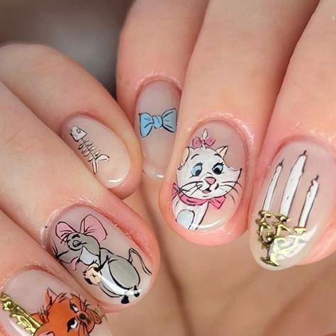 JMoneyNails on Instagram: "The Aristocats! 🐈 swipe for a close up on Thomas  O’Malley and Duchess 🐭 #nails #nailart #nyc #nycnails #handpainted #thearistocats #aristocats #disney #marie #thomasomalley #alleycat" Aristocats Nail Art, Marie Aristocats Nails, Aristocats Nails, Marie Nails, Cartoon Nails, Nyc Nails, The Aristocats, Marie Aristocats, Alley Cat