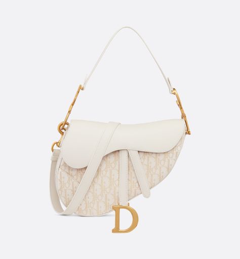 Saddle Bag with Strap Latte Smooth Calfskin and Dior Oblique Denim with Gold-Tone Metallic Thread | DIOR Dior Saddle Bag With Strap, Dior 30 Montaigne Bag, Dior Outfit, Dior Purse, Beauty Dior, Dior Oblique, Dior Saddle, Maria Grazia Chiuri, Dior Beauty