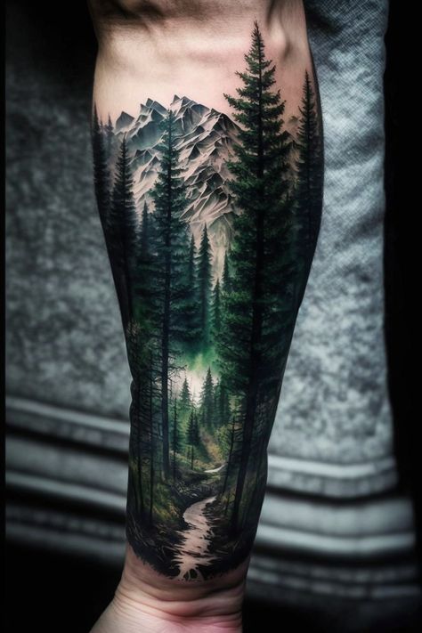 Forest Calf Tattoo, Woods Theme Tattoo, Colored Forest Tattoo, Forest Leg Tattoo Men, Neo Traditional Forest Tattoo, Tree And Mountain Tattoo Sleeve, Electric Forest Tattoo, Pnw Tattoo Sleeve, Woodland Creatures Tattoo Sleeve