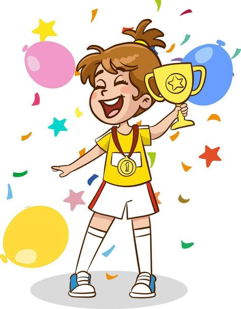 Champion or winner of sport competition girl cartoon character with gold medal award on neck, flat vector illustration isolated on white background. Winner Illustrations, Charming Gold Running Man Animation, Gallantry Award Winner Drawing, Taekwondo Cartoon, Champion Illustration, Trophy Cartoon, Sports Cartoon, Cartoon Sports, Taekwondo Gold Medal