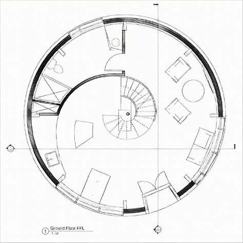 Ground floor plan of the Circle home. Circle is a home designed for climates remote from the equator. The insulated shell exterior encapsulates a series of curved glulam beams to form this Igloo inspired home. If this design concept inspires you, contact me for more details. #revit #architecture #design #homedesign #floorplan Circle Architecture, Glulam Beams, Architect Ideas, Circle Kitchen, Architect Portfolio, Folding Architecture, Round House Plans, Kerala Architecture, Circle House