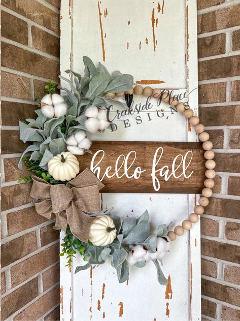 Fall Wood Bead Wreath | Creekside Place Designs Fall Wood Bead Wreath, Fall Wood Bead Wreath Diy, Wooden Bead Wreath Ideas, Fall Beaded Wreath, Bead Wreath Ideas, Wood Bead Wreath Diy, Beaded Wreaths, Neutral Valentines Decor, Wooden Bead Wreath