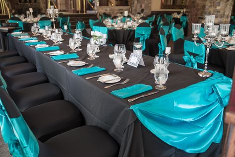 Black & teal wedding- Ottawa Wedding www.rsvp-events.ca Turquoise White And Silver Wedding, Teal Wedding Ideas Turquoise, Teal And Grey Wedding, Black Tables, Teal Napkins, Grey Wedding Decor, Teal Wedding Colors, Chair Ties, Ottawa Wedding