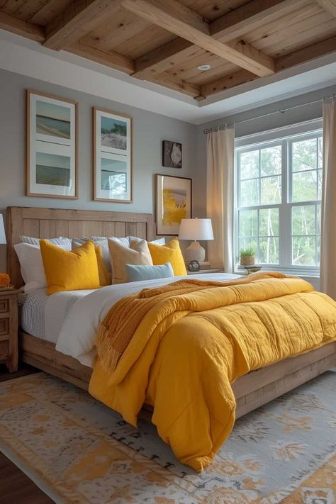 Transform Your Master Suite In 2024: 13 Gray And Yellow Bedroom Ideas That Are Absolute Showstoppers | DIY Vibes Yellow Master Bedrooms Decor, Bedroom With Yellow Accents, Grey Yellow Bedroom, Bedroom Ideas Master Suite, Gray And Yellow Bedroom Ideas, Caribbean Bedroom, Yellow Rooms, Yellow Bedroom Ideas, Bedroom Ideas Master