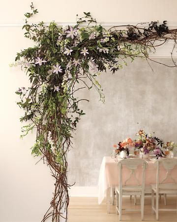 budding vines of clematis, grape and passion vines Martha Stewart Weddings Flowers, Enchanted Forest Prom, Spring Wedding Centerpieces, Gazebo Decorations, Flowers And Greenery, Spring Wedding Flowers, Martha Stewart Weddings, Floral Arch, Wedding Arch