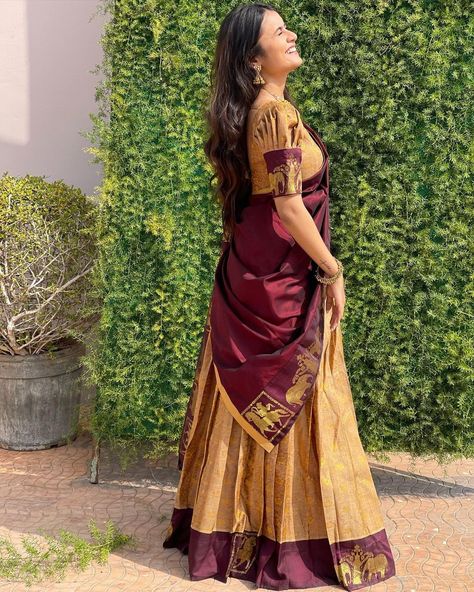 Simple Haldi Dress Ideas For Sisters, Brown Half Saree, Half Saree Aesthetic, Dhavani Half Saree Color Combos, Tamil Outfits, Half Saree Poses, South Indian Traditional Dress, Dhavani Designs, Traditional Half Saree Designs