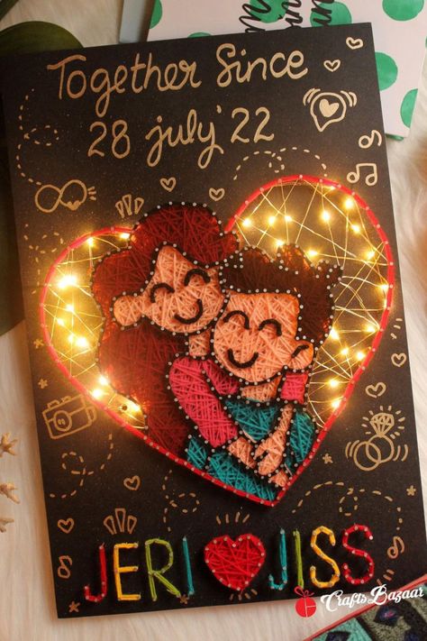 Illustration Couple String Art With Light | Cute Anniversary Gift Him/Her Diy Gift For Wedding Couple, Handmade Gift For Couple, Handmade Gifts For Couples, String Art For Birthday Gift, Diy Anniversary Gifts For Couples, Couple Art Ideas Diy Projects, Creative Wedding Gifts For The Couple, Parents Anniversary Gift Ideas, Diy Anniversary Gifts For Parents