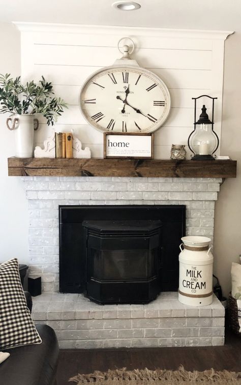 Faux Wood Mantle, Faux Farmhouse, Farmhouse Mantle Decor, Farmhouse Mantle, Wood Mantle, Fireplace Mantle Decor, Brick Fireplace Makeover, Fireplace Mantel Decor, Farmhouse Home Decor