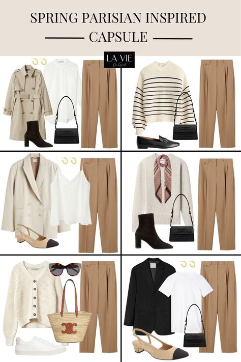 graphic of 6 different outfits to wear in spring Spring Capsule Outfits 2023, Mix And Match Fashion Style, Classic European Outfits, Mix And Match Capsule Wardrobe, Parisian Autumn Outfit, French Countryside Style Fashion, Mix And Match Office Outfits, Sandwich Rule Outfit Ideas, Monochrome Capsule Wardrobe