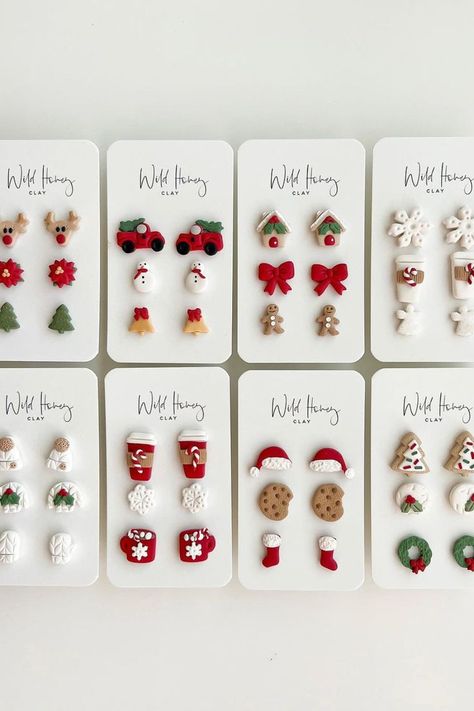 Christmas Earrings Ideas, Polymer Clay Ornaments Christmas Diy, Christmas Polymer Clay Charms, Christmas Ornament Polymer Clay, Seasonal Polymer Clay Earrings, Polymer Clay Jewelry Christmas, Clay Holiday Earrings, Clay Christmas Jewelry, Christmas Clay Earrings Ideas