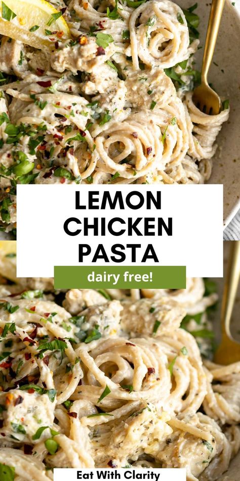 Pesto Chicken Pasta Recipes, Chicken Pasta Crockpot Recipes, Chicken Pasta Creamy, Gluten Free Dairy Free Dinner, Dairy Free Pasta Recipes, Dairy Free Lunch, Dairy Free Cooking, Pasta Creamy, Lemon Chicken Pasta