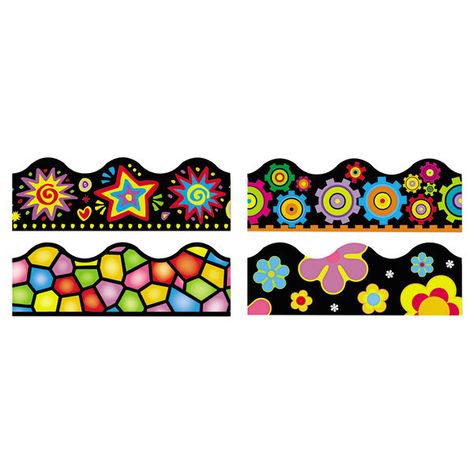 Give a fun and inviting atmosphere to your classroom with this Trend T-92919 Terrific Trimmers brights on black variety pack. These vibrant, contemporary scalloped border edges can be used on bulletin boards, to inspire clever hats and crowns, and to dress up storage containers, cubbies, and shelves. A Discovery Guide containing creative activities that both teach and delight is included, allowing you to coordinate to your own theme.    These bright, pre-cut borders feature include neon bursts, Classroom Borders, Cute Bulletin Boards, Bulletin Board Sets, Drawing Table, Scalloped Border, Classroom Displays, Variety Pack, Student Work, Border Design