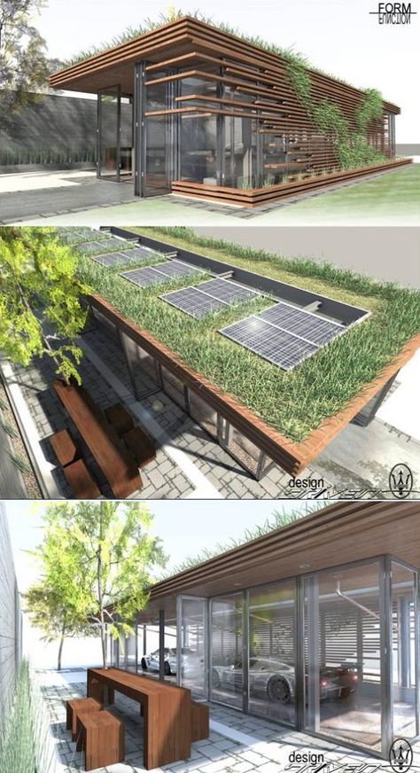 This garage is environmental friendly with the grass and solar panels on its roof. Roof Architecture, Building Roof, Green Architecture, Medical Technology, Garage Design, Roof Garden, Sustainable Architecture, Roof Design, Green Roof