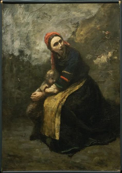 Jean-Baptiste-Camille Corot ( Oil on canvas, 50.6 x 36.2 cm, Philadelphia Museum of Art ). большая Mother Protecting Child, Trojan Women, Barbizon School, Mom Aesthetic, Philadelphia Museums, Oc Inspo, Philadelphia Museum Of Art, European Paintings, Artists For Kids