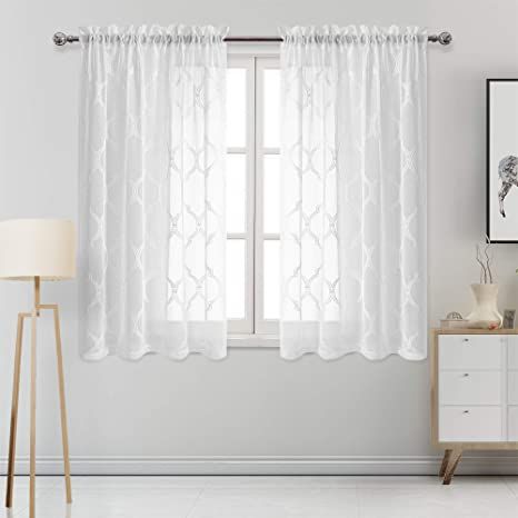 DWCN Moroccan Embroidered Sheer Curtains - Rod Pocket Faux Linen Semi Voile Geometric Lattice Drapes for Bedroom and Living, Set of 2 Window Curtain Panels, 52 x 54 Inch Length, Off White Window Treatments Sheer, Sheer Linen Curtains, Living Room Curtains, White Sheer Curtains, Voile Curtains, Sheer Curtain Panels, Room Curtains, Drape Panel, Curtain Texture