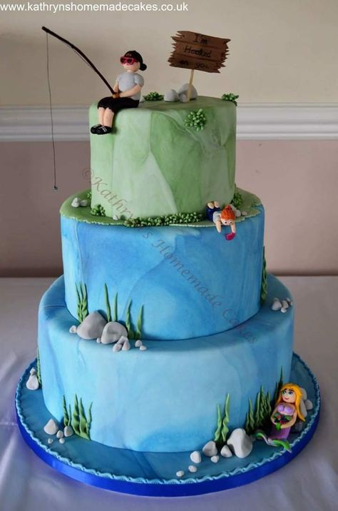 Gone fishing! 3 tier wedding cake Fishing Graduation Cake, Lemon Ganache, Fishing Birthday Cake, Fishing Theme Cake, Birthday Cake Baking, Fishing Cakes, Fondant Fish, Lemon And White Chocolate, Fisherman Cake