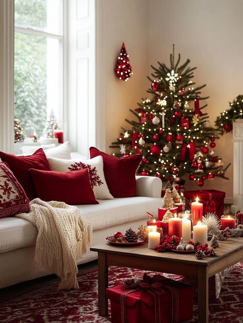 Simple Red Christmas Decor, Red Christmas Living Room Decor, Red And White Christmas Theme, Red And White Christmas Decor Living Room, Red Christmas Living Room, Christmas Decor Red And White, Red White Christmas Decor, Christmas Decir, Christmas Sofa Decor