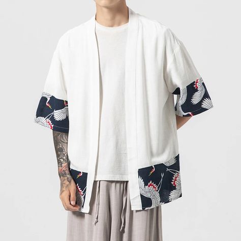 Crane Pattern Men's Cardigan Kimono Shirt Samurai Costume – IDREAMMART Long Kimono Cardigan, Gilet Kimono, Japanese Jacket, Kimono Shirt, Male Kimono, Japanese Shirt, White Kimono, Cardigan Kimono, Long Kimono