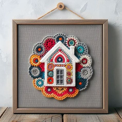 Framed Crochet Art, Framed Crochet, Canvas Crochet, Crochet Interior, Crochet Painting, Crochet Wall Art, Cross Stitch House, Thread Types, Crochet Decoration