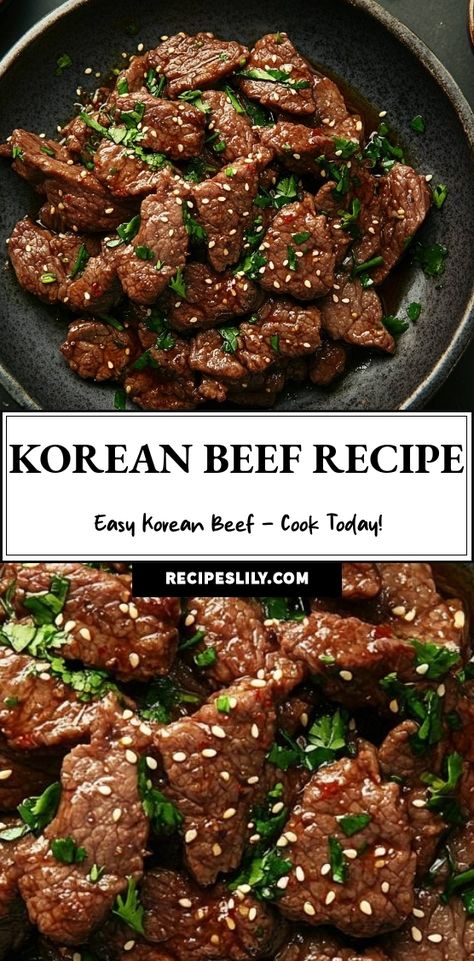 I've discovered the perfect Easy Korean Beef recipe that is not only quick to make but also bursting with flavor! This dish combines tender beef with a sweet and savory sauce, topped with sesame seeds and fresh herbs. It's the perfect meal for any night of the week. Cook it today and enjoy a taste of Korea at home! Korean Beef With Stew Meat, Korean Beef Meal Prep, Korean Meat Dishes, Korean Barbecue Beef, Korean Beef Sauce Recipe, Korean Beef Tips, Crispy Beef Chinese, Keto Korean Beef, Korean Barbecue Sauce Recipe