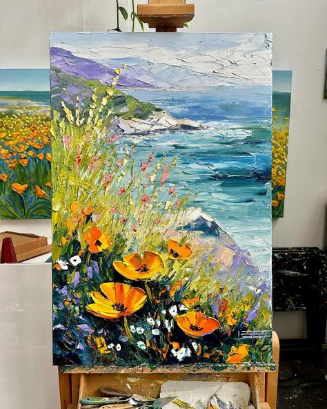 Lisa Elley | This one S☀️LD. Pacific Grove in the springtime, a dreamy little beach town next to Monterey, where the pink ice plants grow so… | Instagram Alizarin Crimson, Sap Green, Wildflower Paintings, Acrylic Art Projects, Palette Knife Art, Contemporary Impressionism, Easy Love Drawings, Ultramarine Blue, Abstract Floral Paintings