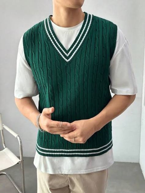 Vest Men Outfit, Green Vest Outfit, How To Style A Sweater Vest, Green Sweater Outfit, Vest Outfits Men, Green Sweater Vest, Male Sweaters, Cable Knit Sweater Vest, Sweater Vest Outfit