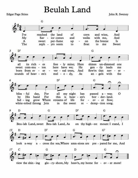 Beulah Land, Gospel Song Lyrics, Christian Hymns, Hymn Sheet Music, Hymn Music, Church Songs, Hymns Lyrics, Southern Gospel Music, Praise Music