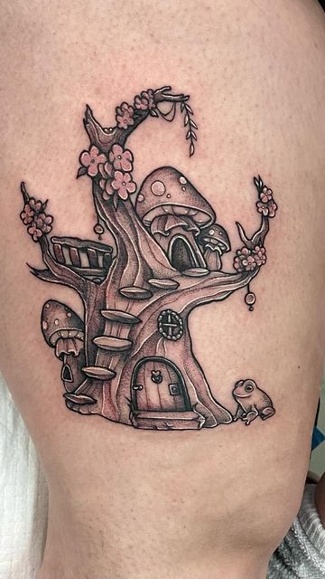 Mushroom Village Tattoo, Fairy House Tattoo Designs, Fairy Cottage Tattoo, Fairy Tree Tattoo, Fairy Reading A Book Tattoo, Spiderwick Tattoo, Whimsical Garden Tattoo, Mushroom House Tattoo, Fairy House Tattoo