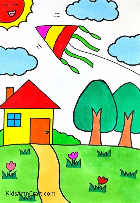 Colorful Home Drawings for Kids Easy Scenery Drawing For Kids, Scenery For Kids, Nature Drawing For Kids, Simple Scenery, Draw Scenery, Cartoon Drawing For Kids, Basic Drawing For Kids, Drawing Pictures For Kids, Scenery Drawing For Kids