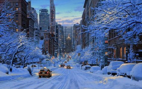 Evgeny Lushpin Christmas Aesthetic Landscape, Christmas Widgets Medium, Winter Wallpaper Laptop, New York Winter Aesthetic, Evgeny Lushpin, Snow City, Winter Dark, New York Painting, Snow Night