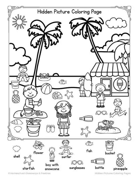 Kids Critical Thinking, Hidden Pictures Printables, Hidden Picture Games, Highlights Hidden Pictures, Mazes For Kids Printable, Summer Vacation Activities, Picture Beach, Summer Kindergarten, Summer Worksheets