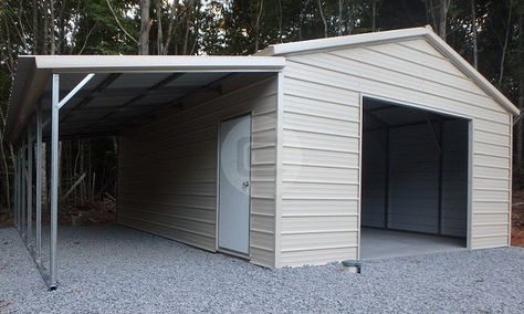 A lean-to carport can be a great choice for backyards that lack space and for simpler construction, that can be dismantled should there be a need. Typically, a lean-to carport leans on the side of an existing structure like a garage, shed or barn so both constructions blend in as part of the same building. … Lean To Carport, Metal Buildings With Living Quarters, Small Shed Plans, Metal Garage Buildings, Carport With Storage, Backyard Garage, Carport Plans, Carport Sheds, Shed Building