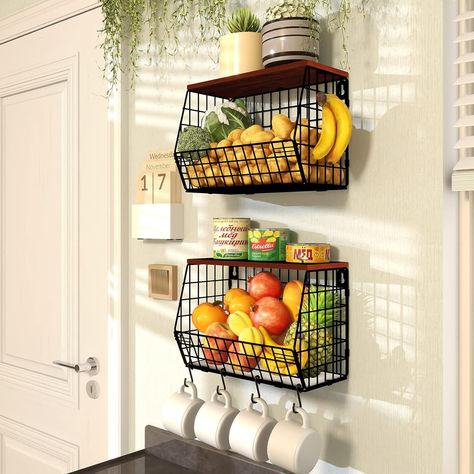 storage basket is easy to assemble, just fix the basket Onion Storage, Hanging Wire Basket, Vegetable Rack, Potato Storage, Kitchen Countertop Organization, Produce Storage, Kitchen Counter Organization, Hanging Fruit Baskets, Snack Organizer