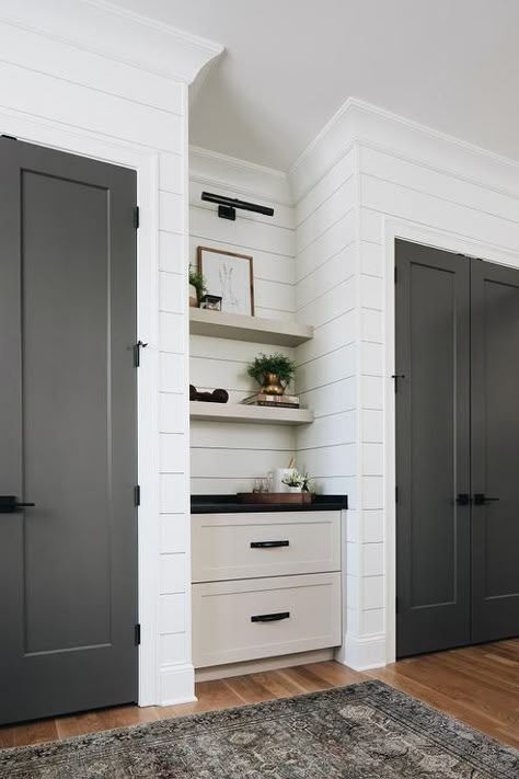 Kendall Charcoal, Bedroom Closet Doors, Custom Floating Shelves, Fridge Drawers, Benjamin Moore Paint Colors, Black Closet, White Shiplap Wall, Entryway Decor Ideas, Woodworking Cabinets