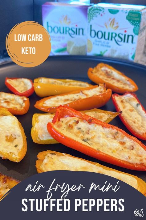 Welcome to your new favorite recipe! This air fryer mini stuffed pepper recipe is low carb, keto, and gluten-free. A crowd pleaser! #airfryer #stuffedpepper #healthyrecipe Stuffed Mini Sweet Peppers Air Fryer, Air Fryer Mini Peppers, Airfryer Ideas, Bell Pepper Pizza, Baked Stuffed Peppers, Mini Peppers Recipes, Stuffed Pepper Recipe, Fried Peppers, Mini Peppers