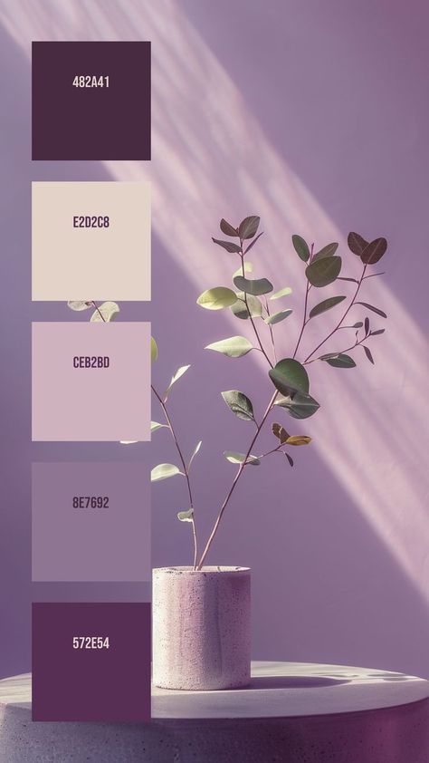 Colors: 482A41 ° E2D2C8 ° CEB2BD ° 8E7692 ° 572E54 Ethereal Lighting, Lavender Color Palette, Flat Color Palette, Plant Arrangement, Calm Color Palette, Color Design Inspiration, Hex Color Palette, Rays Of Light, Palette Art