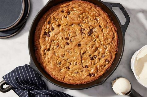 Chocolate Chip Skillet Cookie Recipe | King Arthur Baking: This skillet cookie is gooey, soft, and chewy. Bake it in a cast iron skillet while you’re eating dinner and have a sliceable, warm cookie to serve with vanilla ice cream for dessert. Camper Recipes, Substitute For Brown Sugar, King Arthur Recipes, Chocolate Chip Skillet Cookie, Skillet Cookie Recipe, Skillet Cookies, Skillet Desserts, Skillet Chocolate Chip Cookie, King Arthur Baking