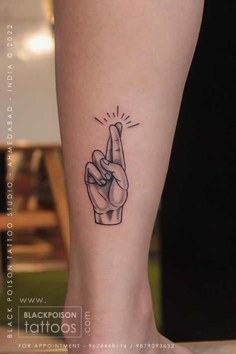 Black & Grey Tattoos - Black Poison Tattoos Crossed Fingers Tattoo, Fingers Tattoos, Men Finger Tattoos, Fingers Tattoo, Cross Finger Tattoos, Cross Tattoo Meaning, Luck Tattoo, Tattoos Black, Small Finger Tattoos