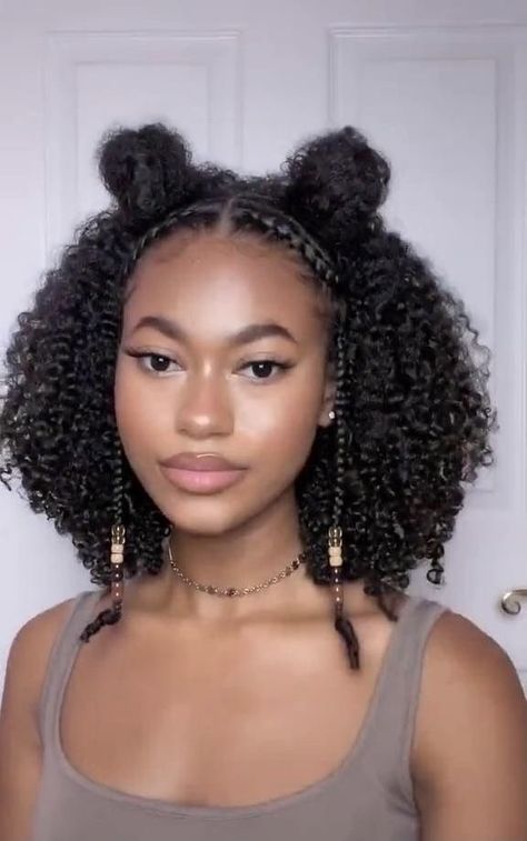 Curly Hairstyles For School | Curly Hairstyle | Curly Hair | Hairstyles For School | Baddie Hairstyles | Curly Bun Hairstyle | Curly Girl | #aesthetic #curly #curlyhairstyles #curlygirl #curlyhairhacks #curlyhairstylesnaturally #baddiehairstyles #tiktok #backtoschoolhairstyles #lowbunhairstyles #baddiehairstyle #baddie #cutehairstyle #cutecurlyhairstyles Braid And Afro Hairstyles, Curly Hair Visor Hairstyles, Formal Afro Hairstyles Natural Hair Updo, Aesthetic Hairstyles For Black Women, Bangs With Natural Hair, Natural Hair Prom Hairstyles Black Women, Medium Curly Hair Styles Black Women, Curly Hairstyles For Black Women Easy, Hair Styles For Short Hair Black Women 4c