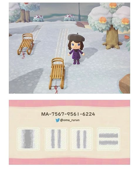 acnh patterns and designs ! on Instagram: “Snow tracks ❄️🛷 Fits perfectly with lot of themes ⛄️ 🌟Credit : @oma_rurun ✨Tags✨ #animalcrossingnewhorizons #acnh #animalcrossing…” Acnh Winter Leaves, Acnh Sleigh Rental, Christmas Acnh Island, Acnh Wintercore Island, Acnh Ice Castle, Animal Crossing Spongebob, Snow Path Animal Crossing, Acnh Christmas Island Ideas, Animal Crossing Snow Path