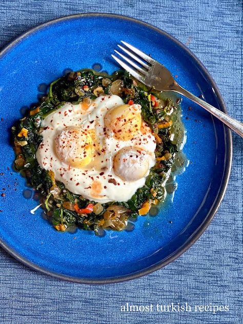 Almost Turkish Recipes: Poached Eggs with Sautéed Spinach (Ispanaklı Poşe Yumurta) Turkish Spinach Recipe, Spinach With Eggs, Yogurt Sauce Recipe, Paprika Sauce, Sauteed Greens, Beet Greens, Sauteed Spinach, Spinach Recipes, Yogurt Sauce