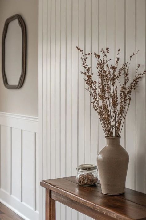 "Transform your space with the timeless appeal of a DIY Beadboard Accent Wall! 🛠️🎨 Ideal for creating a cozy and traditional look. 🌿✨ #AccentWallIdeas #BeadboardInspiration #DIYHomeProjects" v Taupe Beadboard, Bead Board Accent Wall Bedroom, Beadboard Stairwell, Beadboard Half Wall, Beadboard Accent Wall, Beadboard Walls, Beadboard Wall, Diy Beadboard, Bead Board Walls