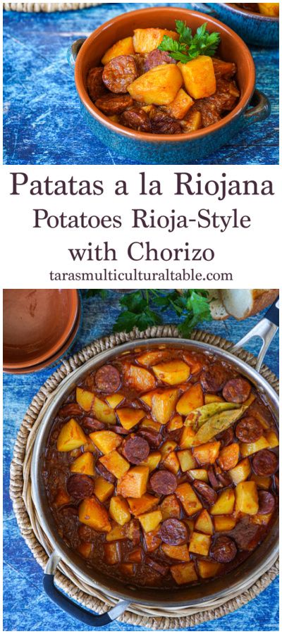 A recipe for Patatas a la Riojana (Potatoes Rioja-Style with Chorizo)- Tara's Multicultural Table- Potatoes are simmered in a pimentón (paprika) stew with slices of Spanish chorizo. Chorizo Potatoes, Chorizo Potato, Spanish Chorizo, Chorizo And Potato, Sausage Meat, Rioja Spain, Vegetable Appetizers, Latin American Recipes, Chorizo Recipes