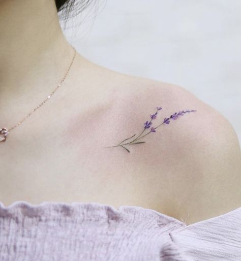 Collar Bone Tattoo Lavender, Collar Bone Tattoo For Women, Colourful Flower Tattoo, Colour Flower Tattoo, Dainty Collar Bone Tattoo, Collar Bone Tattoos For Women, Small Wrist Tattoo Ideas, Colour Tattoo For Women, Tato Minimal