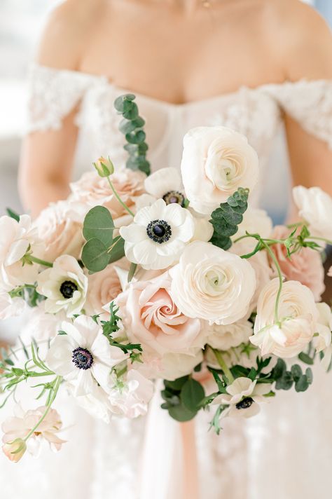 blush and white bridal bouquet Ranaculous Bouquet, Blush White Bridal Bouquet, Wedding Flowers With Anemones, Blush Ranunculus Bouquet, Anemone Ranunculus Bouquet, Peony Bridal Bouquet Blush, Wedding Bouquet Ranunculus, Wedding Bouquets Bride 2024, Ranuncula Bouquet