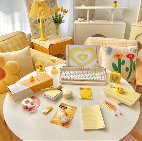 Yellow Office Aesthetic, Tablet Aesthetic, Stationary Aesthetic, Yellow Stationery, Yellow Office, Yellow Desk, Cozy Desk, Dream Desk, Korean Accessories