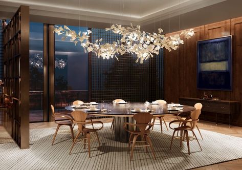 This handcrafted porcelain lighting sculpture can be customized to suit any dining room’s dimensions, creating a luxury interior uniquely tailored to your residential environment. Working hand-in-hand with interior designers and architects, we help enhance the creative vision for your space.  Contemporary and naturally-inspired, it goes much further than its functional purpose of lighting a space. Gingko Chandelier, Lampe Metal, Ginkgo Tree, Gold Branches, Branch Chandelier, Gold Lamp, Ceramic Light, Light Sculpture, Metal Lamp