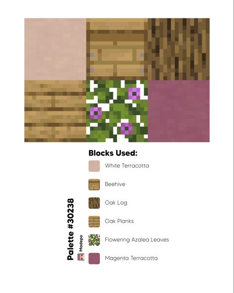 Pink, oak Cottagecore Minecraft Color Palette including white terracotta, beehive, Oak log, oak plank, flowering azaela, and magenta terracotta! Follow for more minecraft! :) Minecraft Color Palette, Minecraft Palettes, Minecraft Pack, Minecraft Roof, Minecraft Building Designs, Cottagecore Minecraft, Minecraft Seed, Minecraft Blocks, Minecraft House Plans